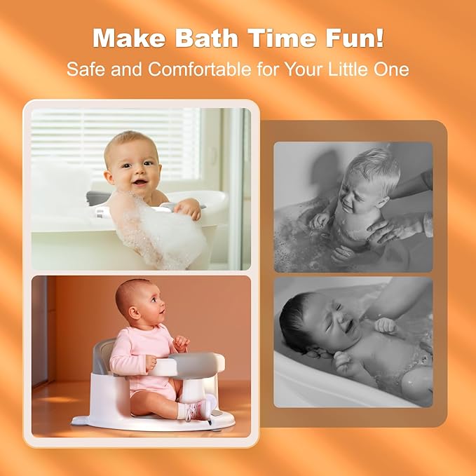 Baby Bath Seats for Babies Sitting Up, Non-Slip Baby Bathtub with 3 Suction Cups, Safe & Comfortable Toddler Bath Seat Ideal for Baby Bath/Shower Support, Stable Design, Grey (6-24 Months)