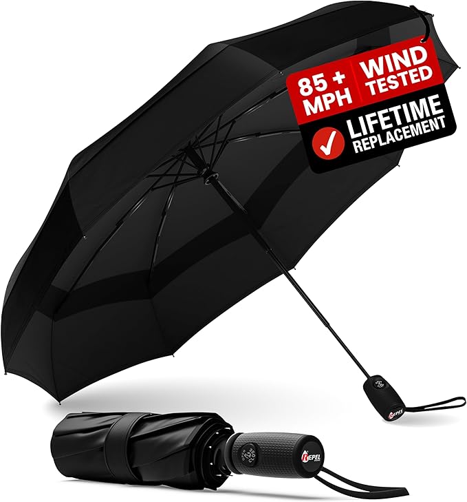 REPEL Windproof Travel Umbrella - Compact & Withstands Winds up to 85MPH , Strongest Premium Auto Folding Umbrella for Rain and Sun - Durable, Light & Portable for Women & Men , Fits Backpack & Cars