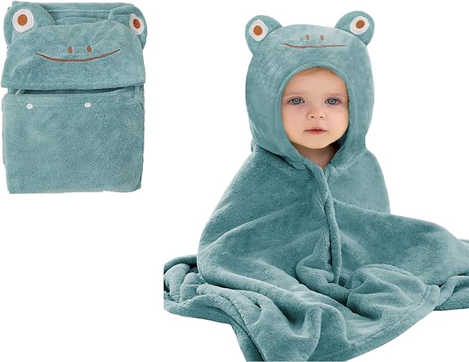 Toddler Bath Towel Baby Towels with Hood 27.5"X55" Ultra Absorbent Soft Bathrobe Blanket Kids Shower Towel for Girls and Boys(Greenish-Blue)
