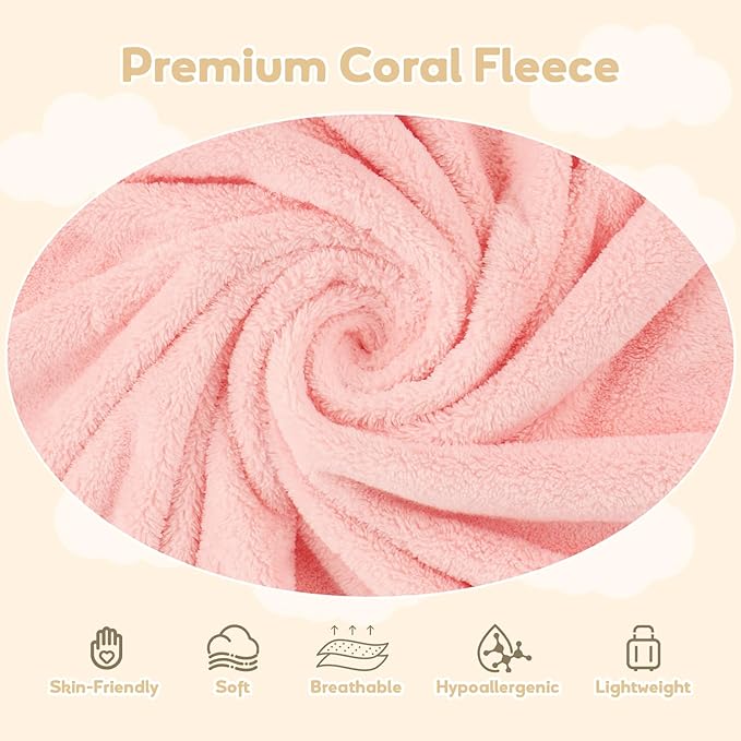 Hooded Towel for Newborn, 4 Pack Soft Coral Fleece Baby Towels, Ultra Absorbent Bath Cloths Bulk for Infants, Toddlers, Newborn Essential- 30 x 30 inch - Pink & White