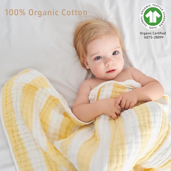 4-Pack Muslin Hooded Baby Bath Towel Set - 100% Organic Cotton, (2) 6-Layer 32x32 Towels & (2) Washcloths, Newborn & Infant Gift Set (Yellow Striped & White)