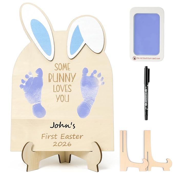 R HORSE DIY Baby's First Easter Footprint or Handprint Art Sign with Ink Pad, 3D Blue Bunny Wooden Milestone with Marker Pen, Baby 1st Easter Keepsake Craft Gift Nursery Photo Prop Baby Shower Baptism