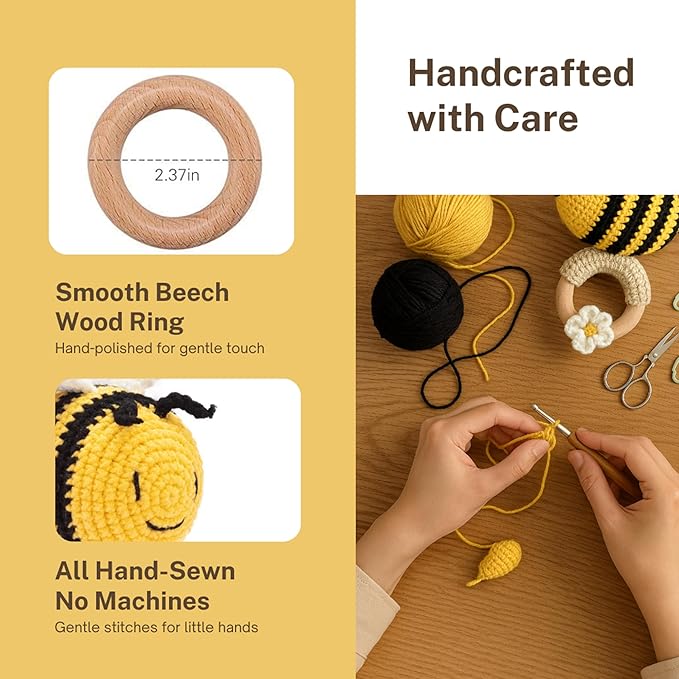DICHA Crochet Bee Baby Rattle - Sensory Toy for Babies - Ideal for Baby Shower - Includes Beech Teething Ring