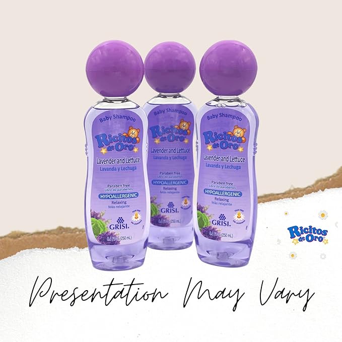 Ricitos de Oro Lavender Baby Shampoo | Nourishes & Softens Baby Hair, Gentle Lavender Scent, Tear Free Formula, Promotes Better Sleep, Includes Rattle Cup, Natural Ingredients, Size 8.45 oz, 3-Pack