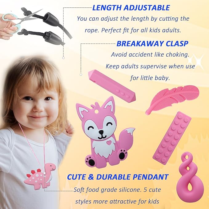 Chew Necklaces for Sensory Kids, 6 Pack Fox and Dinosaur Silicone Chewy Necklace for Boys and Girls with Autism, ADHD, SPD, Sensory Chewing Toys for Autistic Children Reduce Anxiety Fidgeting