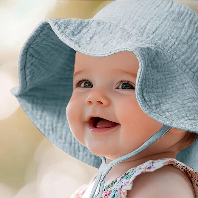 Konssy 2 Pack Muslin Baby Sun Hat UPF 50+ Sun Protection Baby Bucket Hat Summer Beach Hats with Wide Brim for Boys & Girls