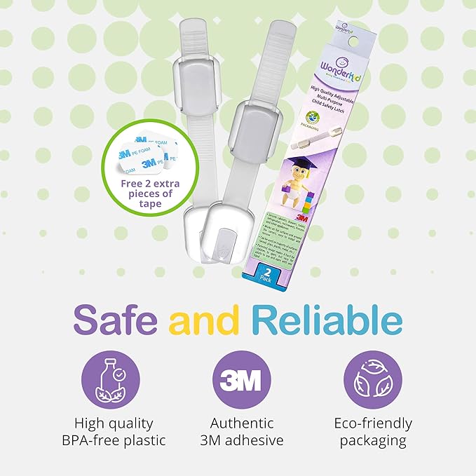 Adjustable & Reusable Child Safety Cabinet Locks & Latches, Baby Proofing Door Window, Cabinet, Toilet, & Refrigerator Lock, Child Safety Strap Locks with Adhesive Pads, Pack of 2, Silver - Wonderkid