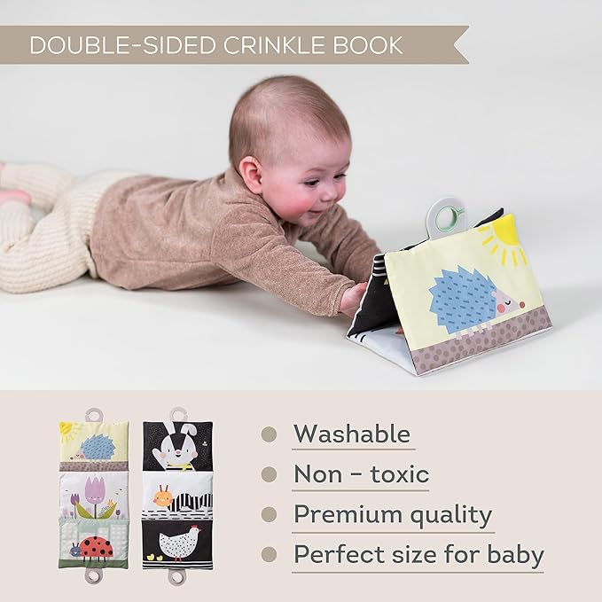 Taf Toys Tummy Time Double-Sided Crinkle Book & Baby Development Tummy Time Support Toy, Sensory Stimulation for Newborns 0-6 Months Sensory Toys