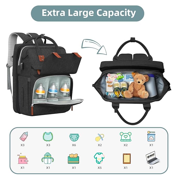 Diaper Bag Backpack with Changing Station, Large Diaper Bag, Baby Bag, Black Diaper Bag, Black