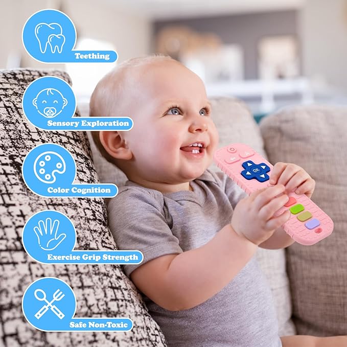 Baby Silicone Teething Toys, Simulation TV Remote Control Shape Teether Toys for Toddlers 3-18 Months, Boys Girls Baby Teething Toys, Babies Chew Toys, Freezer BPA Free, Pink