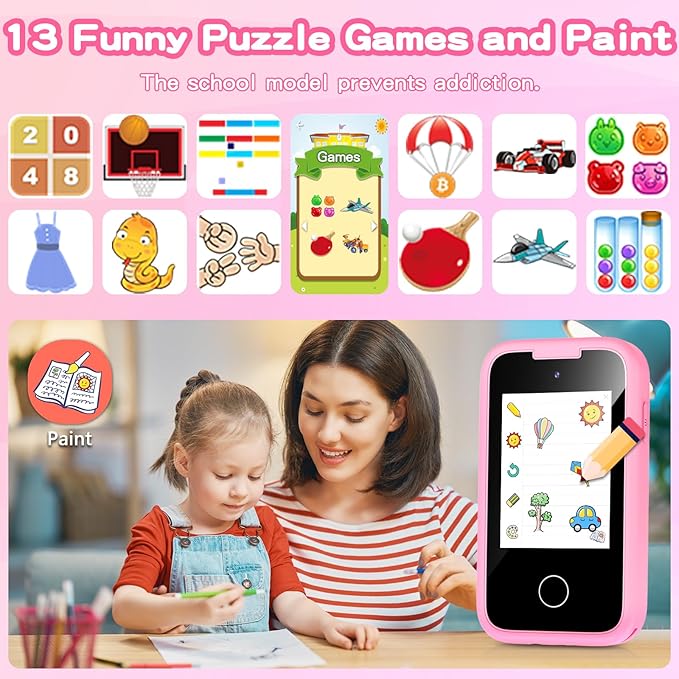Kids Smart Phone for Girls, Christmas Birthday Gift for Girls Age 3-8, Children's Pretend Play Phone, Toddler Fake Cell Phone with Games, MP3 Music Player, Toys for 3 4 5 6 7 8 Years Old(Pink)