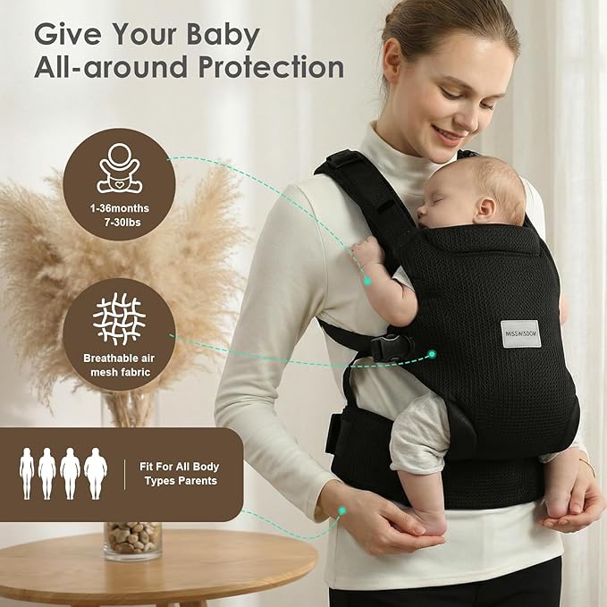 Baby Carrier Newborn to Toddler, Easy Adjustable Toddler Carrier for 7-30lbs, Baby Holder Wrap Carrier, Breathable Mesh Fabric Infant Kangaroo Hip Carriers with Lumbar Support, Black