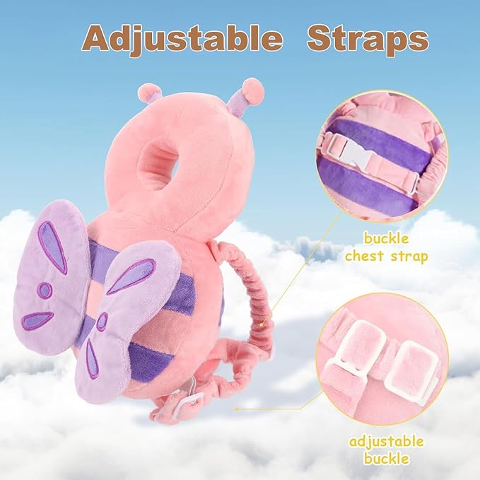 Baby Head Protector Backpack, Toddler Baby Head Protection Backpack, Soft, Comfortable and Baby Head Protection Backpack Wear Safety Pad - Pink Butterfly