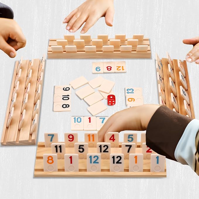 Upgraded Rummy Cube Game Set 4 Players, Travel Family Board Game for Adults and Kids Age 8+,Birthday Gifts for Women Men Dad Mom （108 Tiles+4 Racks ）