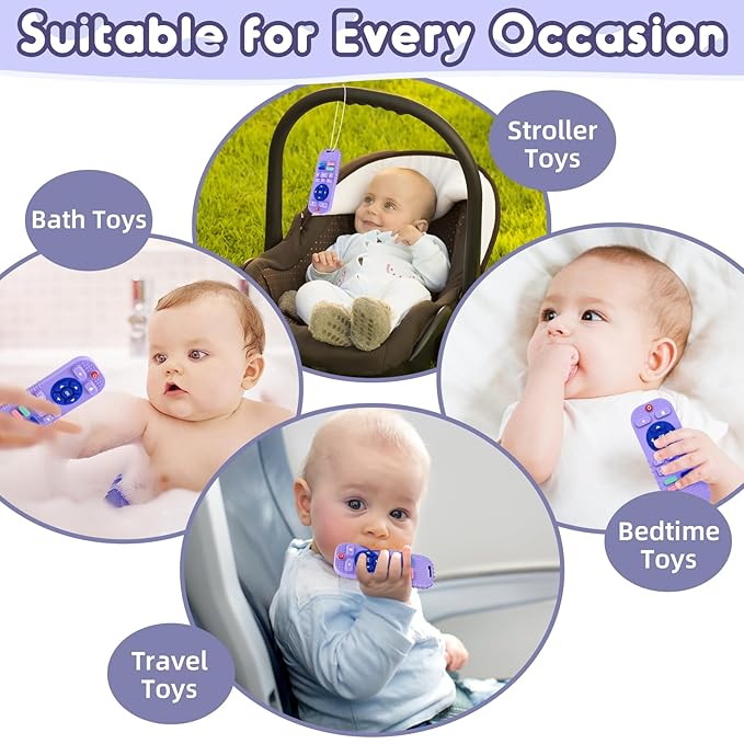 AiTuiTui Baby Teething Relief Sensory Chew Toys for 3 6 9 12 Months, Silicone Infant Teether Remote Control Bath Toy for Newborn Toddlers Boy Girl Autism Baby Shower Birthday Gifts, Purple
