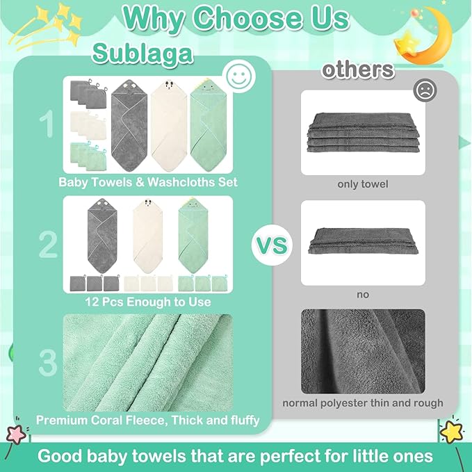 12 Pcs Baby Towels and Washcloths Set, Hooded Baby Towel, Soft and Absorbent Baby Bath Towels, 3 PCS Cute 32x32 in Baby Towel with Hood and 9 Pcs Baby Washcloths for Boys and Girls