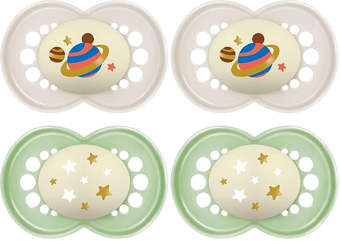 MAM Night Pacifiers (2 Count), MAM Pacifiers 6+ Months, Best Pacifier for Breastfed Babies, Glow in The Dark Pacifier, Baby Unisex Pacifier, 6-16- 2 Count (Pack of 2)