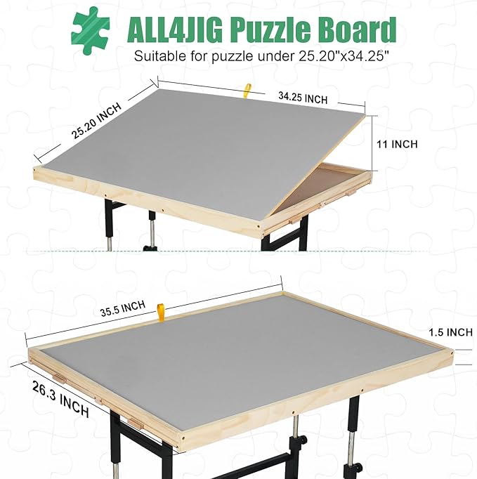 ALL4JIG 1500 Piece Jigsaw Puzzle Table with Legs,25"x34"Adjustable Puzzle Tables for Adults, 3-Tilting-Angle Portable Wooden Jigsaw Puzzle Board Portable with 4 Drawers & Cover Birthday Gift for mom