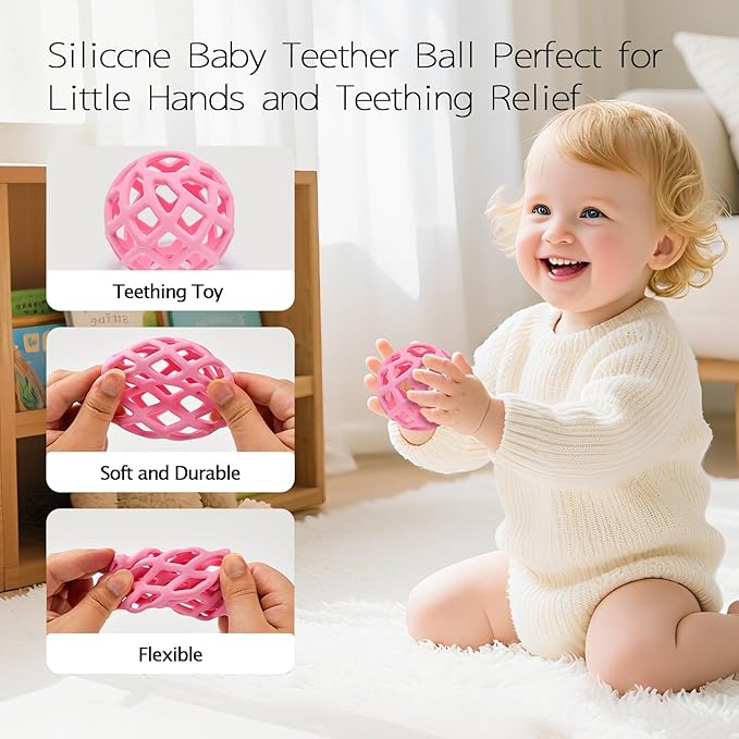 Baby Teething Toys, Silicone Babys Chew Toys for Soothing Babies Gums, Sensory Hollow Ball Teether for Babies 3+ Months,Baby Teether Toys,Baby Gifts for Girl & Boy (Pink)