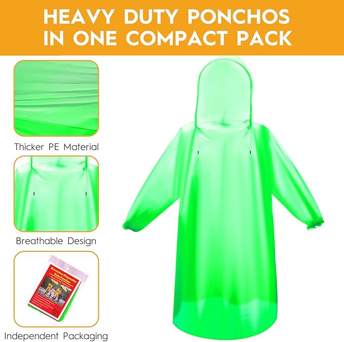 6 & 20 & 50 Pack Disposable Rain Ponchos for Adults/Youth, Waterproof PE Raincoats with Drawstring, Camping/Emergency
