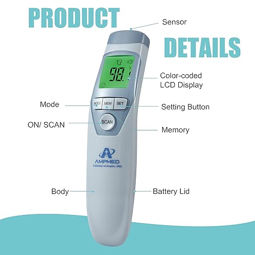 Amplim Hospital Medical Grade Non-Contact No-Touch Forehead Thermometer for Baby and Adults, Touchless Temporal Fever Thermometer, Accurate and Fast Digital Thermometer