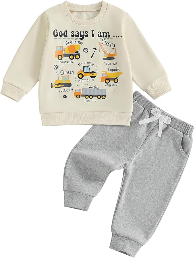 Baby Boy Fall Clothes Set Long Sleeve Truck Tractor Print Sweatshirt Pants Toddler Infant Outfits 6 12 18 24 Months 2T