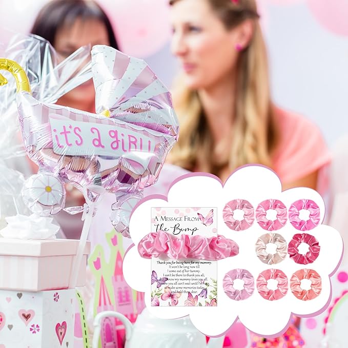 Yinkin 50 Sets Butterfly Baby Shower Favors for Girl, Include Pink Hair Ties Pink Scrunchies Butterfly Thank You Cards a Message from the Bump Baby Shower Sign Souvenirs for Guests
