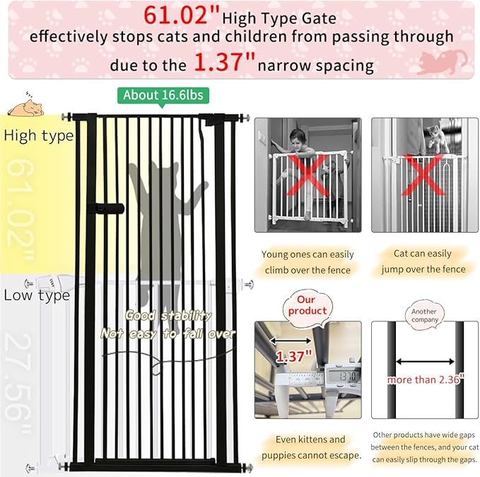 Lumizone Extra Tall Cat Gate 61.02" High Pressure Mounted Extra Wide 2025 New (17 Sizes) 1.37" Gap No Drilling Auto-Close One-Handed Operation Tall Pet Gate for Dogs(Black, 61.02" H x 34.25"-38.38" W)
