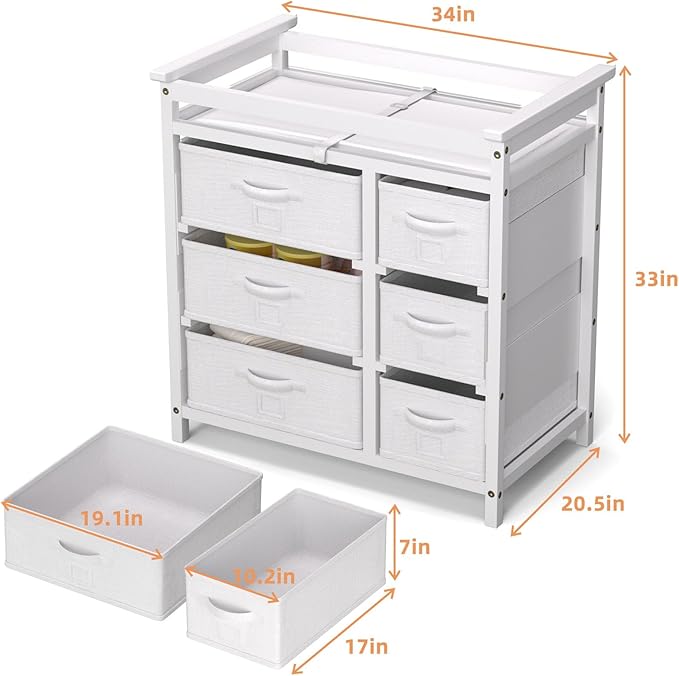 KORIMEFA Modern Baby Changing Table, Diaper Changing Table, with 6 Storage Drawers and Changing Pad, White