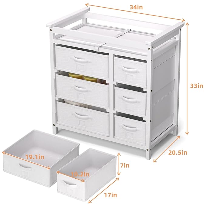 XJD Wooden Diaper Changing Table with 6 Storage Baskets, Modern Baby Changing Table, Infant Diaper Changing Station Dresser with Pad (White)