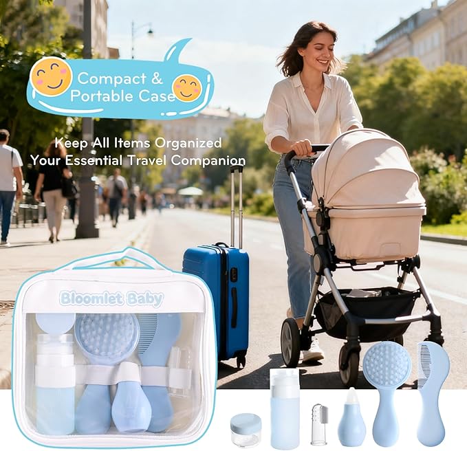 Baby Care Kit, Baby Grooming Kit,6-Piece Newborn Grooming Set with PP Baby Comb & Brush, Silicone Nasal Aspirator, Travel Bottles (60ml/20ml), Toothbrush, Newborn Care Set (Blue)