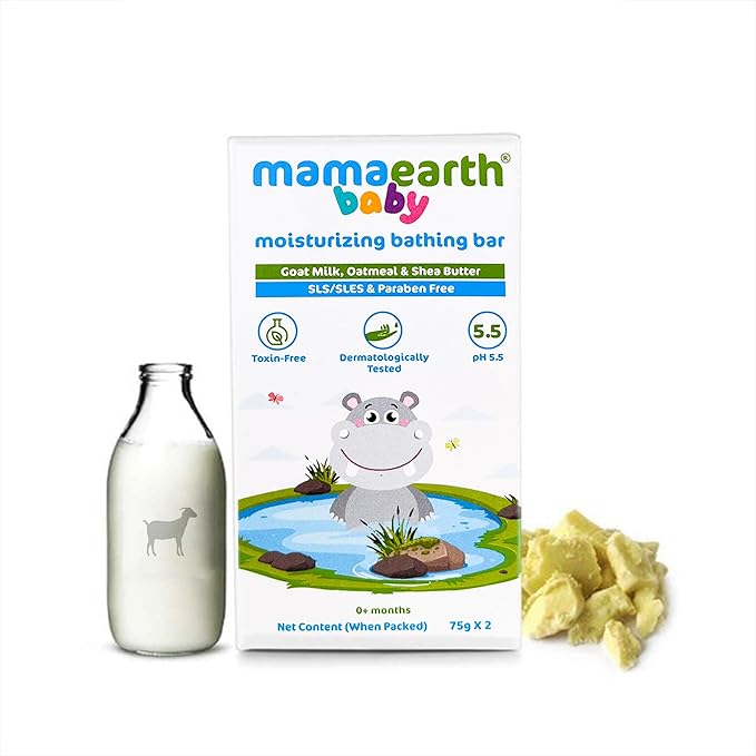 MAMAEARTH Baby Moisturizing Bathing Bar Goat Milk, Oatmeal & Shea Butter 75g × 2 (2.64 oz Each)