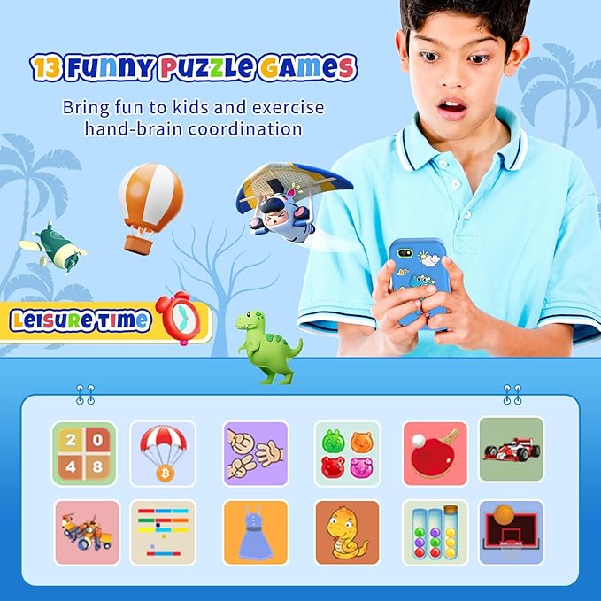 Nikuku Kids Smart Phone for Boys, Children Christmas Birthday Dinosaur Toys for 3-8 Years Old, Toddler Pretend Cellphone Girls Gifts with Music Player, Dual Camera, 8GB TF-Card(Blue)