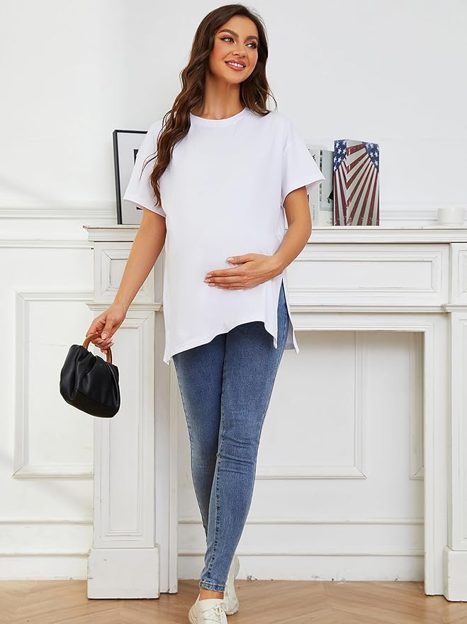 Ecavus Women's Casual Maternity Shirts Split Side Pregnancy Tops Blouses Short Sleeve Loose Fit Maternity Clothes