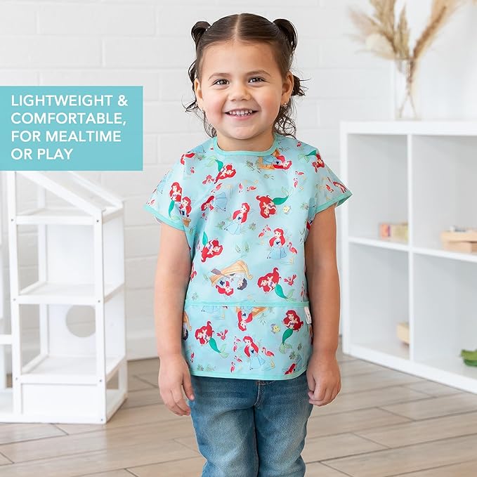 Bumkins Disney Short Sleeve Bib for Girl or Boy, Toddler and Kids for 1-3 Years, Large Size, Essential Must Have for Junior Children, Eating, Mess Saving Soft Fabric Apron for Play, Ariel