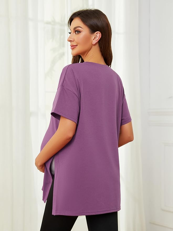 Ecavus Women's Casual Maternity Shirts Split Side Pregnancy Tops Blouses Short Sleeve Loose Fit Maternity Clothes