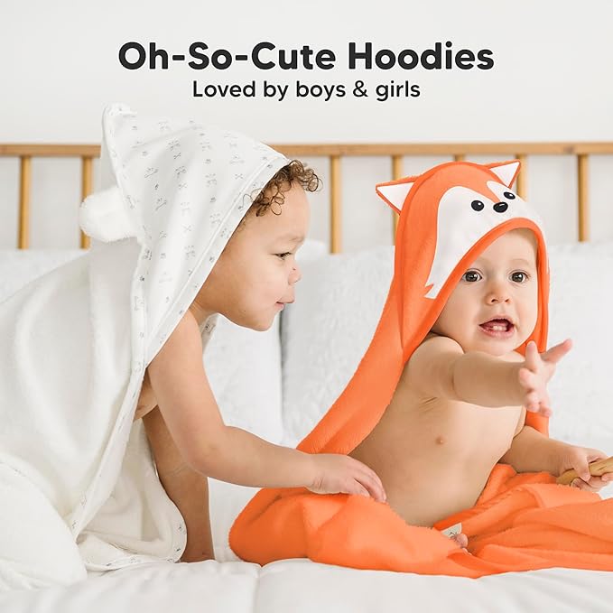 KeaBabies Hooded Baby Towel for Newborn - Viscose Derived from Bamboo Large Baby Bath Towels with Hood for Boys, Girls, Toddler, Extra Absorbent & Soft Newborn Bath Essentials (Fox, Petite)