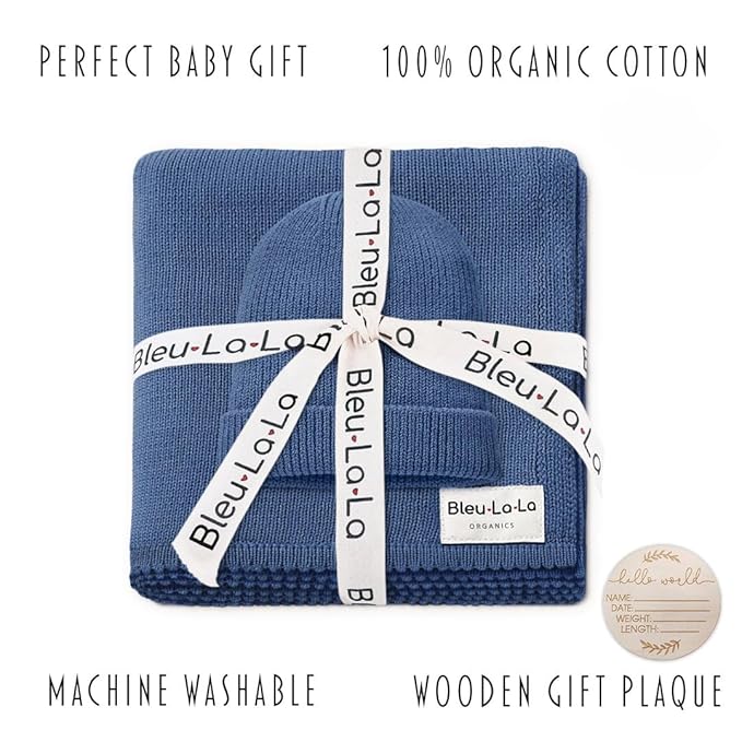 Baby Gift Set - Organic Cotton Newborn Blanket Essentials, Thoughtful Baby Shower & New Baby Gift for Boys & Girls (Luxe - Denim Blue)