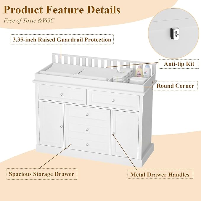 46“ Baby Dresser with Changing Table Top, White Dresser with Storage Drawers and Doors for Nursery, Multifunctional Nursery Baby Changing Table Dressers, Diaper Station Cabinet for Kids Room