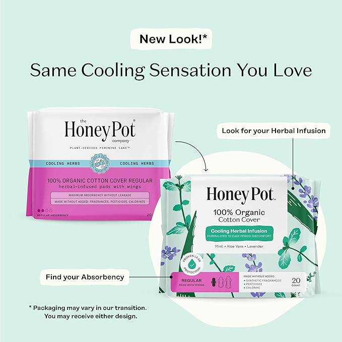 The Honey Pot Company - 80ct - Herbal Sanitary Pads for Women - Regular Flow w/Wings - Infused w/Essential Oils for Cooling Effect & Organic Cotton Cover - Feminine Care
