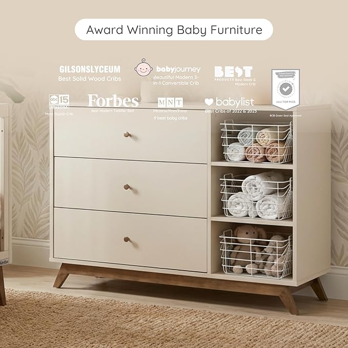 dadada Central Park 3-Drawer Dresser with Open Shelving - Modern Design, Baby-Safe Finish, Forged Steel Support, Sturdy Wood Legs, for Nursery, Kids or Teen Room, 47” Wide (Almond Milk+Walnut)