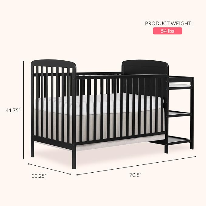Dream On Me Anna 3-in-1 Convertible Full-Size Baby Crib & Changer with Storage in Black, GreenGuard Gold & JPMA, Pinewood, Converts to Day & Toddler Bed, 3 Mattress Heights, 1″ Changing Pad
