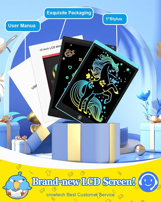 cimetech LCD Writing Tablet, Toys Gifts for 3-8 Year Old Girls Boys, 12 Inch Colorful Drawing Pad for Kids Doodle Board, Christmas Stocking Stuffers Birthday Gifts for Toddler Travel Activities, Blue