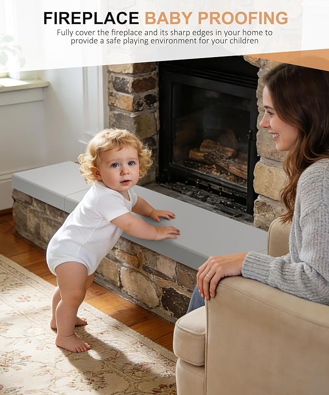 Fireplace Baby Proofing 80'', Corner Guard Hearth Cushion for Baby Proof, Memory Foam Brick Fire Place Bumper Protector Soft Seat Pad for Babies Child Children Toddlers, Grey