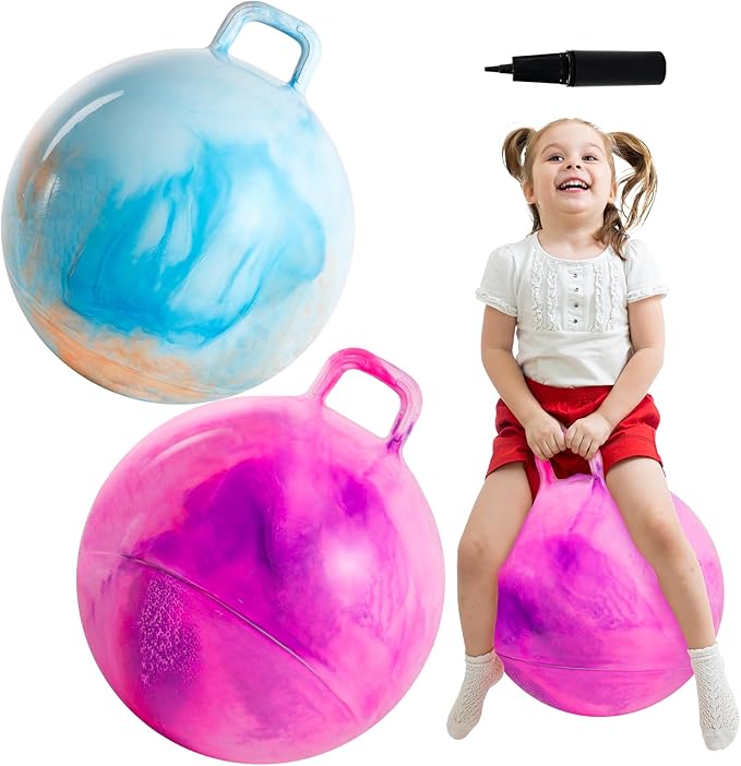Upper Rider 2 Pcs 20 Inch Hopper Ball for Kids 6-12, Bouncy Balls with Handle for Toddlers, Inflatable Hippity Hop Jumping Balls, Sit On Hopping Toys with Pump for Girls Boys, Blue Pink