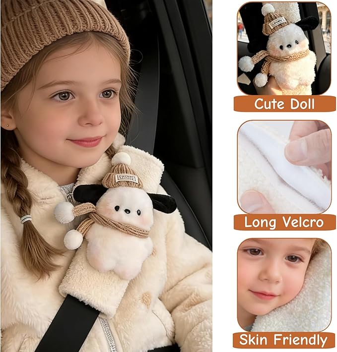 2 PCS Seat Belt Cover Pad, Cute Kawaii Animal Dog Seatbelt Covers for Kids and Adults, Winter Plush Fluffy Soft Seat Belt Cover, Cartoon Seatbelt Cushion,Car Seat Strap Pads (G-Dog(Khaki))