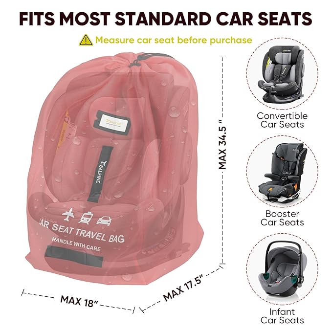 BALEINE Car Seat Travel Bag for Airplane, Water-Resistant Car Seat Bags for Air Travel, Foldable Cover with 3 Handles, Fits Toddler Carseat, Convertible and Booster Seats (Red)