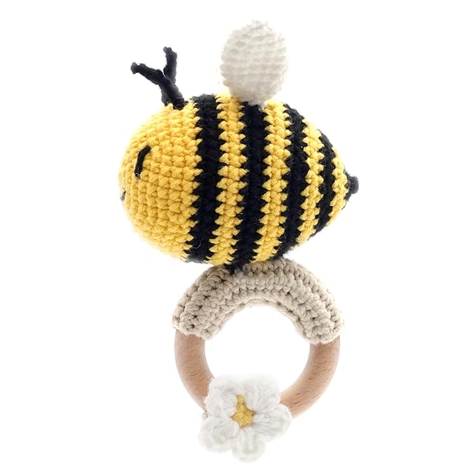 DICHA Crochet Bee Baby Rattle - Sensory Toy for Babies - Ideal for Baby Shower - Includes Beech Teething Ring