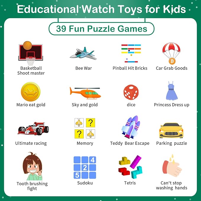 Phyulls Smart Watch for Kids with 39 Puzzle Games, Camera, Video Recorder, Music, Alarm, Calculator, Calendar, Flashlight, Pedometer - Birthday Gift for 3-12 Year Old Boys & Girls