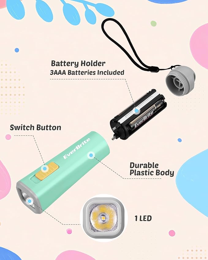EverBrite Small Flashlight, Mini LED Flashlight, Plastic Torch Use for Emergencies, Camping, Outdoor with Lanyard 3AAA Battery Included, Green